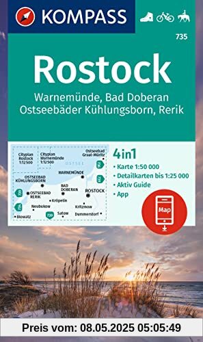 KOMPASS Wanderkarte 735 Rostock, Warnemünde, Bad Doberan, Ostseebäder Kühlungsborn, Rerik 1:50.000: 4in1 Wanderkarte, mit Aktiv Guide und Detailkarten ... in der KOMPASS-App. Fahrradfahren. Reiten.