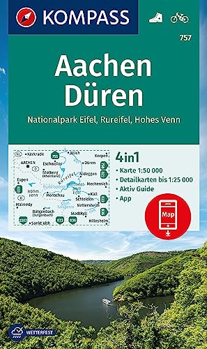 KOMPASS Wanderkarte 757 Aachen, Düren, Nationalpark Eifel, Rureifel, Hohes Venn 1:50.000: 4in1 Wanderkarte mit Aktiv Guide und 1:25000 Karten, ... Verwendung in der KOMPASS-App. Fahrradfahren.