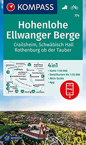 KOMPASS Wanderkarte 774 Hohenlohe, Ellwanger Berge, Crailsheim, Schwäbisch Hall, Rothenburg ob der Tauber 1:50.000: 4in1 Wanderkarte mit Aktiv Guide ... Verwendung in der KOMPASS-App. Fahrradfahren.