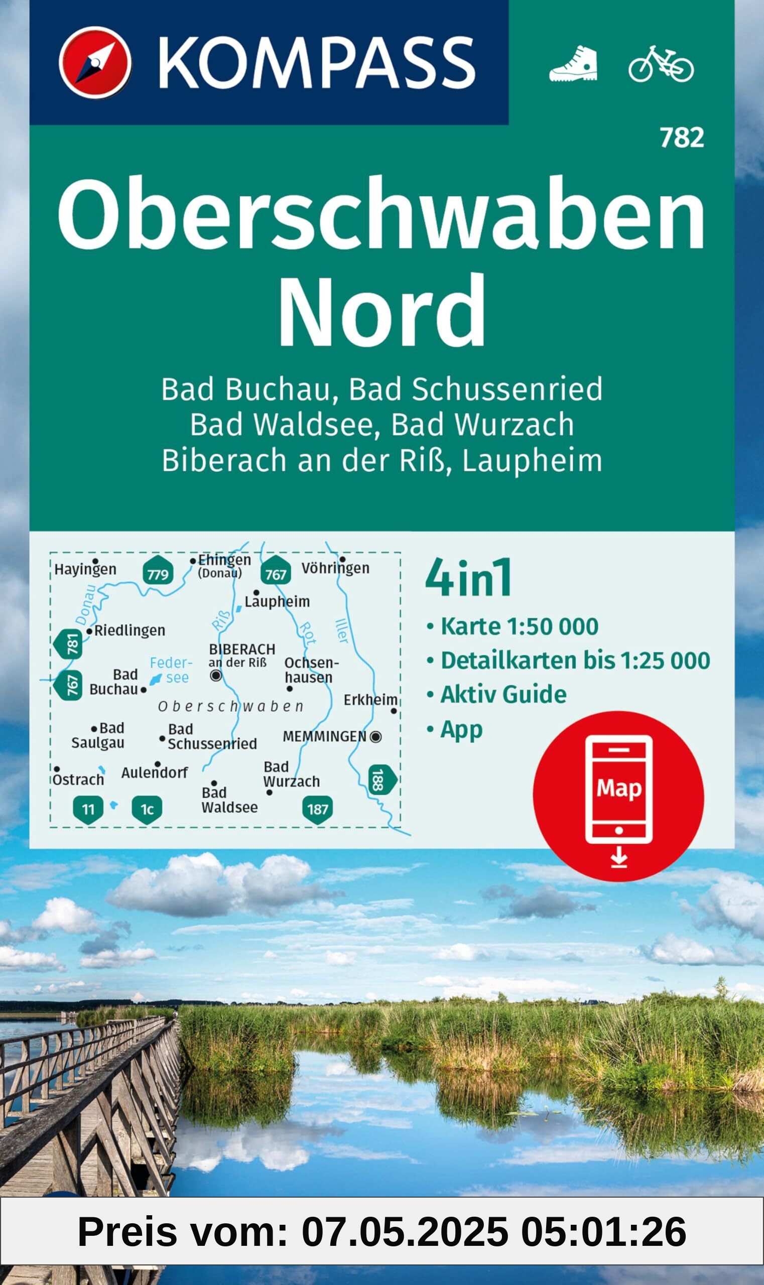 KOMPASS Wanderkarte 782 Oberschwaben Nord 1:50.000: 4in1 Wanderkarte mit Aktiv Guide und Detailkarten inklusive Karte zur offline Verwendung in der KOMPASS-App. Fahrradfahren.