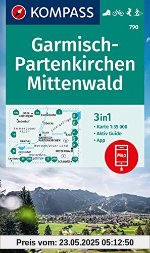 KOMPASS Wanderkarte 790 Garmisch-Partenkirchen, Mittenwald 1:35.000: 3in1 Wanderkarte, mit Aktiv Guide inklusive Karte zur offline Verwendung in der KOMPASS-App. Fahrradfahren. Skitouren. Langlaufen.