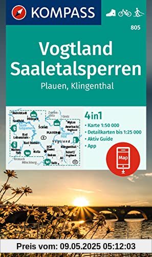 KOMPASS Wanderkarte 805 Vogtland, Saaletalsperren, Plauen, Klingenthal 1:50.000: 4in1 Wanderkarte , mit Aktiv Guide und Detailkarten inklusive Karte ... der KOMPASS-App. Fahrradfahren. Langlaufen.