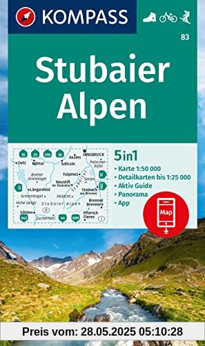 KOMPASS Wanderkarte 83 Stubaier Alpen 1:50.000: 5in1 Wanderkarte, mit Panorama, Aktiv Guide und Detailkarten inklusive Karte zur offline Verwendung in der KOMPASS-App. Fahrradfahren. Skitouren.