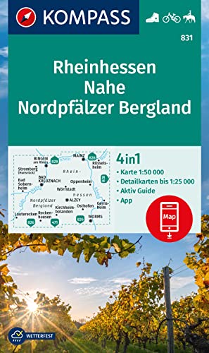 KOMPASS Wanderkarte 831 Rheinhessen, Nahe, Nordpfälzer Bergland 1:50.000: 4in1 Wanderkarte, mit Aktiv Guide und Detailkarten inklusive Karte zur ... Fahrradfahren. Skitouren. Langlaufen.