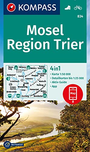 KOMPASS Wanderkarte 834 Mosel, Region Trier 1:50.000: 4in1 Wanderkarte mit Aktiv Guide und Detailkarten inklusive Karte zur offline Verwendung in der KOMPASS-App. Fahrradfahren. von Kompass