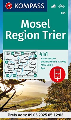 KOMPASS Wanderkarte 834 Mosel, Region Trier 1:50.000: 4in1 Wanderkarte mit Aktiv Guide und Detailkarten inklusive Karte zur offline Verwendung in der KOMPASS-App. Fahrradfahren.