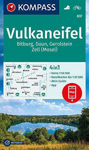 KOMPASS Wanderkarte 837 Vulkaneifel, Bitburg, Daun, Gerolstein, Zell (Mosel) 1:50.000: 4in1 Wanderkarte, mit Aktiv Guide und Detailkarten inklusive ... Verwendung in der KOMPASS-App. Fahrradfahren. von KOMPASS-KARTEN