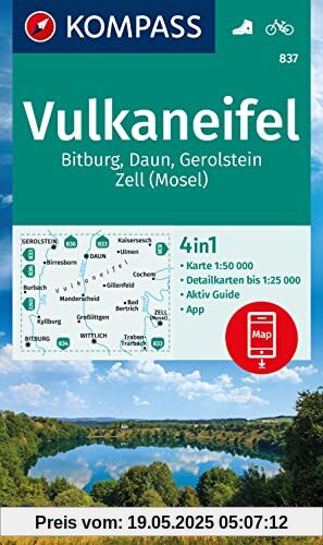 KOMPASS Wanderkarte 837 Vulkaneifel, Bitburg, Daun, Gerolstein, Zell (Mosel) 1:50.000: 4in1 Wanderkarte, mit Aktiv Guide und Detailkarten inklusive ... Verwendung in der KOMPASS-App. Fahrradfahren.