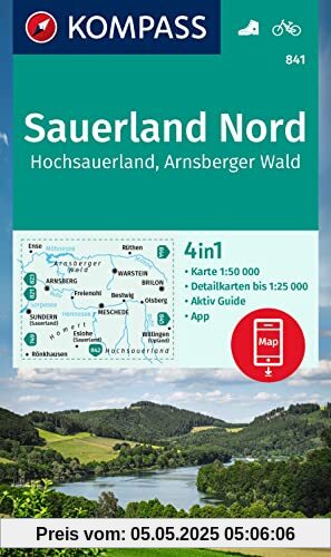 KOMPASS Wanderkarte 841 Sauerland Nord, Hochsauerland, Arnsberger Wald 1:50.000: 4in1 Wanderkarte, mit Aktiv Guide und Detailkarten inklusive Karte ... Verwendung in der KOMPASS-App. Fahrradfahren.