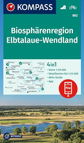 KOMPASS Wanderkarte 862 Biosphärenregion Elbtalaue-Wendland 1:50.000: 4in1 Wanderkarte mit Aktiv Guide und Detailkarten inklusive Karte zur offline Verwendung in der KOMPASS-App. Fahrradfahren.