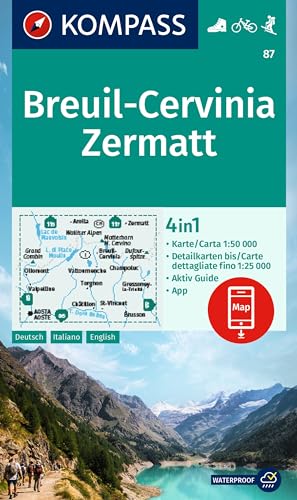 KOMPASS Wanderkarte 87 Breuil-Cervinia, Zermatt 1:50.000: 4in1 Wanderkarte mit Aktiv Guide und Detailkarten inklusive Karte zur offline Verwendung in der KOMPASS-App. Fahrradfahren. Skitouren. von Kompass
