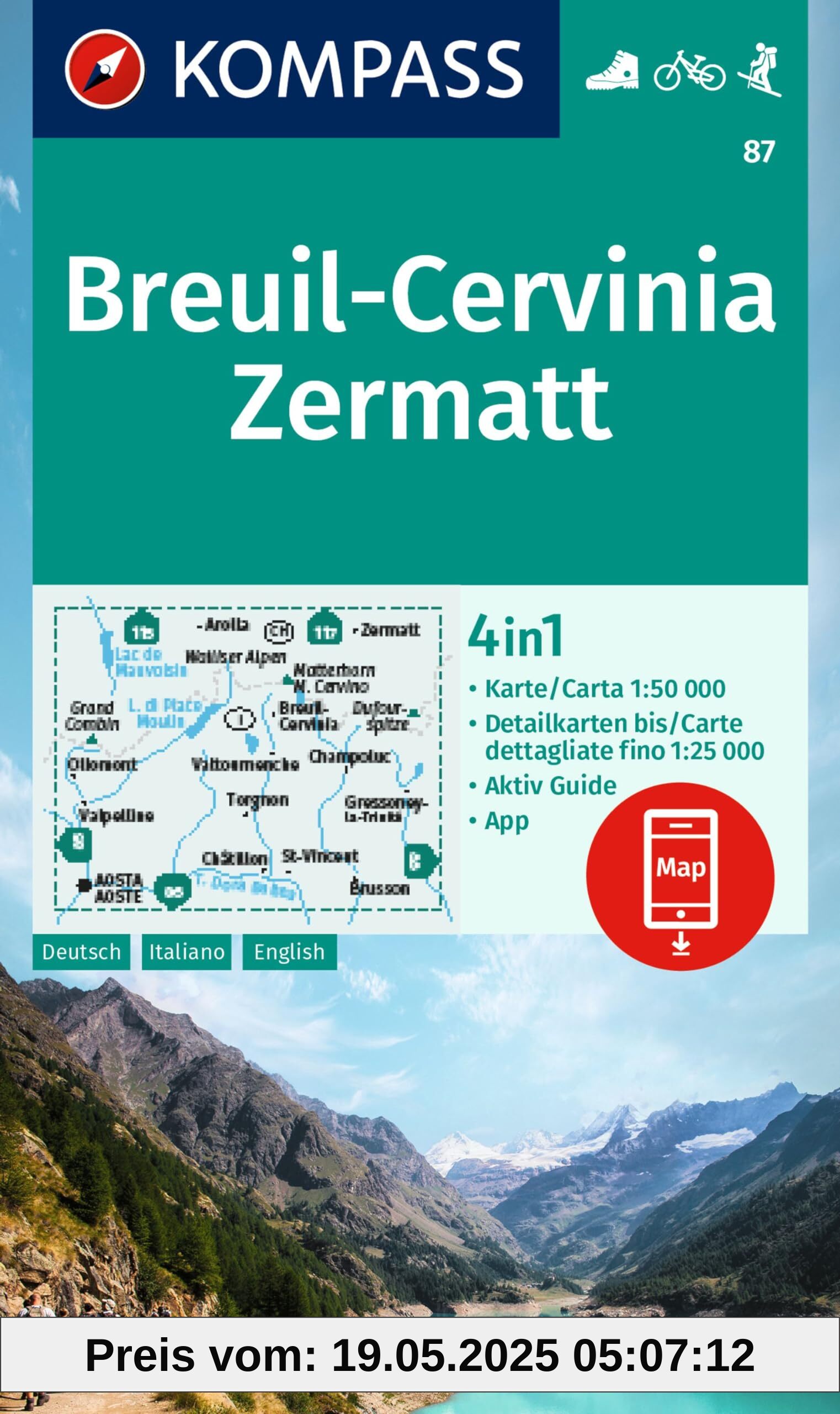 KOMPASS Wanderkarte 87 Breuil-Cervinia, Zermatt 1:50.000: 4in1 Wanderkarte mit Aktiv Guide und Detailkarten inklusive Karte zur offline Verwendung in der KOMPASS-App. Fahrradfahren. Skitouren.