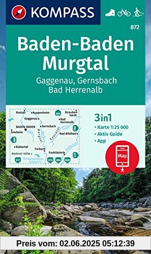 KOMPASS Wanderkarte 872 Baden-Baden, Murgtal, Gaggenau, Gernsbach, Bad Herrenalb 1:25.000: 3in1 Wanderkarte, mit Aktiv Guide inklusive Karte zur ... der KOMPASS-App. Fahrradfahren. Langlaufen.