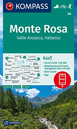 KOMPASS Wanderkarte 88 Monte Rosa, Valle Anzasca, Valsesia 1:50.000: 4in1 Wanderkarte mit Aktiv Guide und Detailkarten inklusive Karte zur offline ... in der KOMPASS-App. Fahrradfahren. Skitouren. von KOMPASS-KARTEN