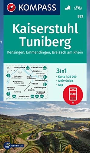 KOMPASS Wanderkarte 883 Kaiserstuhl, Tuniberg, Kenzingen, Emmendingen, Breisach am Rhein 1:25.000: 3in1 Wanderkarte, mit Aktiv Guide inklusive Karte ... Verwendung in der KOMPASS-App. Fahrradfahren. von Kompass