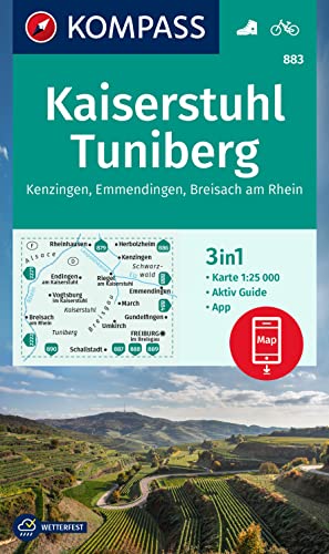 KOMPASS Wanderkarte 883 Kaiserstuhl, Tuniberg, Kenzingen, Emmendingen, Breisach am Rhein 1:25.000: 3in1 Wanderkarte, mit Aktiv Guide inklusive Karte ... Verwendung in der KOMPASS-App. Fahrradfahren. von KOMPASS-KARTEN