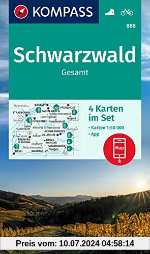 KOMPASS Wanderkarte 888 Schwarzwald Gesamt: 4 Karten im Set, offline Karte in der KOMPASS-App, markierte Wanderwege, Fahrradwege, Skitouren, Langlaufen