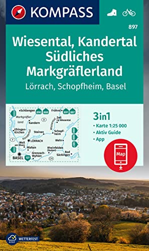 KOMPASS Wanderkarte 897 Wiesental, Kandertal, Südliches Markgräflerland, Lörrach, Schopfheim, Basel 1:25.000: 3in1 Wanderkarte, mit Aktiv Guide ... Verwendung in der KOMPASS-App. Fahrradfahren. von KOMPASS-KARTEN