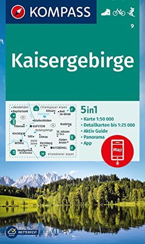 KOMPASS Wanderkarte 9 Kaisergebirge 1:50.000: 5in1 Wanderkarte mit Panorama, Aktiv Guide und 1:25000 Karten, inklusive Kartenbereich zur offline ... in der KOMPASS-App. Fahrradfahren. Skitouren.