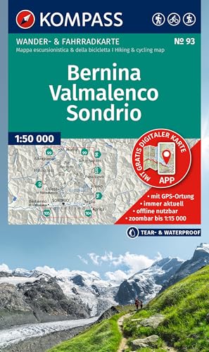 KOMPASS Wanderkarte 93 Bernina, Valmalenco, Sondrio 1:50.000: Wander- und Fahrradkarte in einem - inklusive Offline-Verwendung in der KOMPASS-App. Wander-& Radwege. Skitouren. Langlaufen. Reiten. von KOMPASS-KARTEN