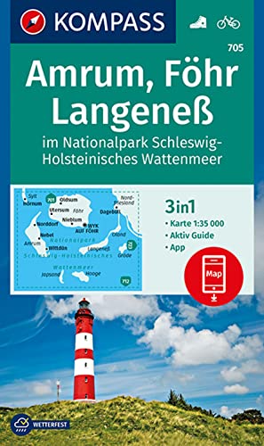 KOMPASS Wanderkarte 705 Amrum, Föhr, Langeneß im Nationalpark Schleswig-Holsteinisches Wattenmeer 1:35.000: 3in1 Wanderkarte mit Aktiv Guide inklusive ... Verwendung in der KOMPASS-App. Fahrradfahren.