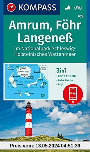 KOMPASS Wanderkarte Amrum, Föhr, Langeneß im Nationalpark Schleswig-Holsteinisches Wattenmeer: 3in1 Wanderkarte 1:35000 mit Aktiv Guide inklusive ... (KOMPASS-Wanderkarten, Band 705)