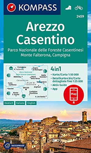 KOMPASS Wanderkarte 2459 Arezzo, Casentino, Parco Nazionale delle Foreste Casentinesi, Monte Falterona, Campigna 1:50.000: 4in1 Wanderkarte mit Aktiv ... Verwendung in der KOMPASS-App. Fahrradfahren. von Kompass