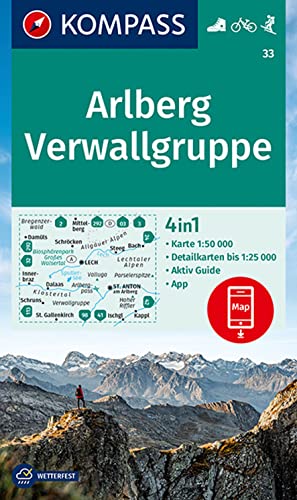 KOMPASS Wanderkarte 33 Arlberg, Verwallgruppe 1:50.000: 4in1 Wanderkarte mit Aktiv Guide und Detailkarten inklusive Karte zur offline Verwendung in der KOMPASS-App. Fahrradfahren. Skitouren.