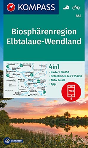 KOMPASS Wanderkarte 862 Biosphärenregion Elbtalaue-Wendland 1:50.000: 4in1 Wanderkarte mit Aktiv Guide und Detailkarten inklusive Karte zur offline Verwendung in der KOMPASS-App. Fahrradfahren. von Kompass