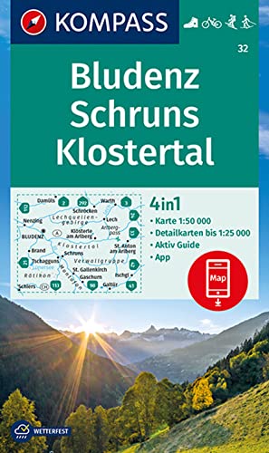 KOMPASS Wanderkarte 32 Bludenz, Schruns, Klostertal 1:50.000: 4in1 Wanderkarte, mit Aktiv Guide und Detailkarten inklusive Karte zur offline ... Fahrradfahren. Skitouren. Langlaufen.