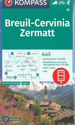 KOMPASS Wanderkarte 87 Breuil-Cervinia, Zermatt 1:50.000: 4in1 Wanderkarte mit Aktiv Guide und Detailkarten inklusive Karte zur offline Verwendung in der KOMPASS-App. Fahrradfahren. Skitouren.