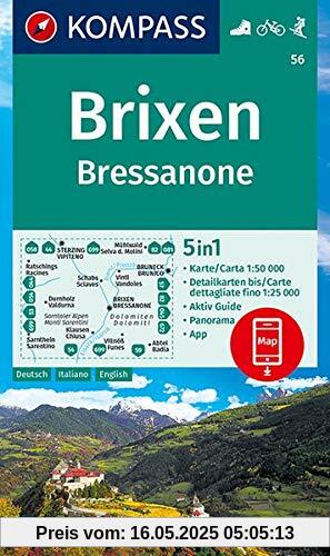 KOMPASS Wanderkarte Brixen, Bressanone: 5in1 Wanderkarte 1:50000 mit Aktiv Guide, Detailkarten und Panorama inklusive Karte zur offline Verwendung in ... Skitouren. (KOMPASS-Wanderkarten, Band 56)