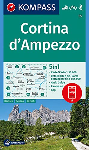 KOMPASS Wanderkarte 55 Cortina d'Ampezzo 1:50.000: 5in1 Wanderkarte, mit Panorama, Aktiv Guide und Detailkarten inklusive Karte zur offline Verwendung in der KOMPASS-App. Fahrradfahren. Skitouren.