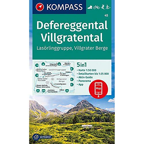 KOMPASS Wanderkarte Defereggental, Villgratental, Lasörlinggruppe, Villgrater Berge: 5in1 Wanderkarte 1:50000 mit Panorama, Aktiv Guide und ... Langlaufen. (KOMPASS-Wanderkarten, Band 45)