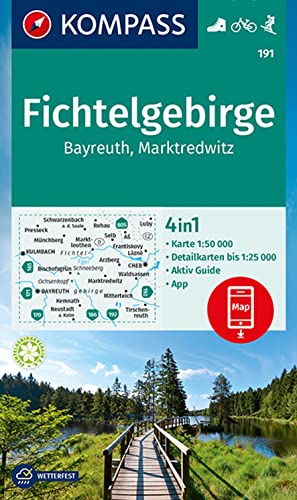 KOMPASS Wanderkarte 191 Fichtelgebirge, Bayreuth, Marktredwitz 1:50.000: 4in1 Wanderkarte mit Aktiv Guide und Detailkarten inklusive Karte zur offline ... der KOMPASS-App. Fahrradfahren. Langlaufen. von Kompass Karten GmbH