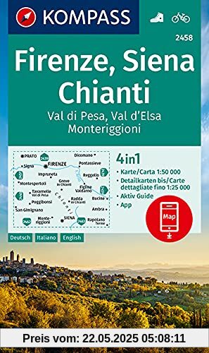 KOMPASS Wanderkarte Firenze, Siena, Chianti, Val di Pesa, Val d'Elsa, Monteriggioni: 4in1 Wanderkarte 1:50000 mit Aktiv Guide und Detailkarten ... (KOMPASS-Wanderkarten, Band 2458)