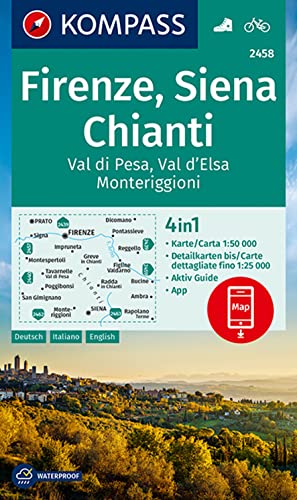 KOMPASS Wanderkarte 2458 Firenze, Siena, Chianti, Val di Pesa, Val d'Elsa, Monteriggioni 1:50.000: 4in1 Wanderkarte mit Aktiv Guide und Detailkarten ... Verwendung in der KOMPASS-App. Fahrradfahren. von Kompass Karten GmbH