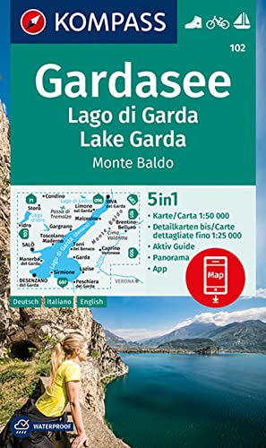KOMPASS Wanderkarte 102 Gardasee, Lago di Garda, Lake Garda, Monte Baldo 1:50.000: 5in1 Wanderkarte mit Panorama, Aktiv Guide und Detailkarten ... in der KOMPASS-App. Fahrradfahren. Segeln.