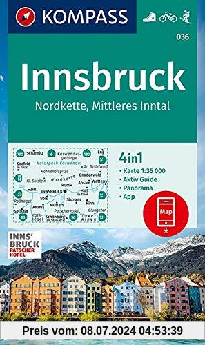 KOMPASS Wanderkarte Innsbruck, Nordkette, Mittleres Inntal: 4in1 Wanderkarte 1:35000 mit Aktiv Guide und Panorama inklusive Karte zur offline ... Skitouren. (KOMPASS-Wanderkarten, Band 36)