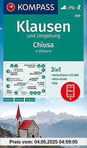 KOMPASS Wanderkarte Klausen und Umgebung, Chiusa e dintorni: 3in1 Wanderkarte 1:25000 mit Aktiv Guide inklusive Karte zur offline Verwendung in der ... Skitouren. (KOMPASS-Wanderkarten, Band 59)