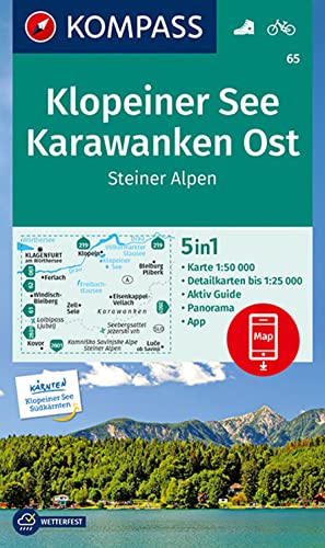 KOMPASS Wanderkarte 65 Klopeiner See, Karawanken Ost, Steiner Alpen 1:50.000: 5in1 Wanderkarte mit Panorama, Aktiv Guide und Detailkarten inklusive ... Verwendung in der KOMPASS-App. Fahrradfahren.
