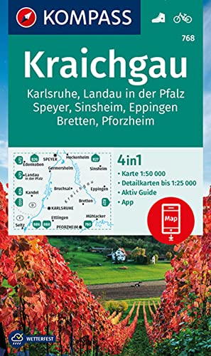 KOMPASS Wanderkarte 768 Kraichgau, Karlsruhe, Landau i. d. Pfalz, Speyer, Sinsheim, Eppingen, Bretten, Pforzheim 1:50.000: 4in1 Wanderkarte mit Aktiv ... Verwendung in der KOMPASS-App. Fahrradfahren. von Kompass