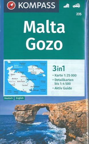 KOMPASS Wanderkarte 235 Malta, Gozo 1:25.000: 3in1 Wanderkarte mit Aktiv Guide und Detailkarten. Autokarte.