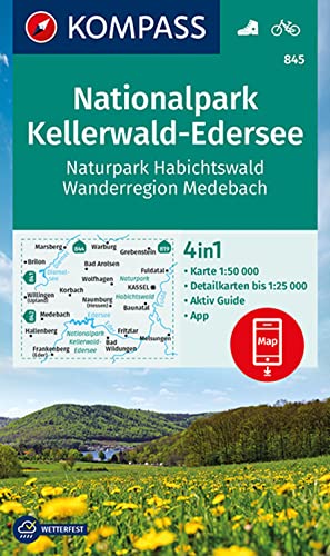 KOMPASS Wanderkarte 845 Nationalpark Kellerwald-Edersee, Naturpark Habichtswald, Wanderregion Medebach 1:50.000: 4in1 Wanderkarte mit Aktiv Guide und ... Verwendung in der KOMPASS-App. Fahrradfahren.