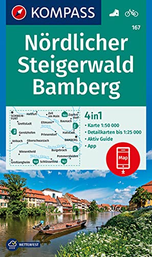 KOMPASS Wanderkarte 167 Nördlicher Steigerwald, Bamberg 1:50.000: 4in1 Wanderkarte mit Aktiv Guide und Detailkarten inklusive Karte zur offline Verwendung in der KOMPASS-App. Fahrradfahren.