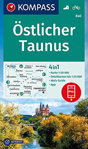 KOMPASS Wanderkarte 840 Östlicher Taunus 1:50.000: 4in1 Wanderkarte mit Aktiv Guide und Detailkarten inklusive Karte zur offline Verwendung in der KOMPASS-App. Fahrradfahren. von Kompass