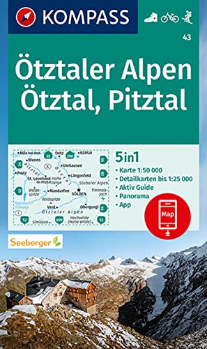 KOMPASS Wanderkarte 43 Ötztaler Alpen, Ötztal, Pitztal 1:50.000: 5in1 Wanderkarte mit Panorama, Aktiv Guide und 1:25000 Karten, inklusive ... in der KOMPASS-App. Fahrradfahren. Skitouren.