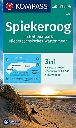 KOMPASS Wanderkarte 732 Spiekeroog im Nationalpark NIedersächsisches Wattenmeer 1:15.000: 3in1 Wanderkarte mit Aktiv Guide und Detailkarte. Fahrradfahren Reiten.