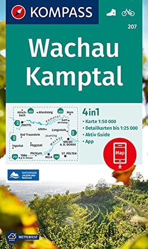 KOMPASS Wanderkarte 207 Wachau, Kamptal 1:50.000: 4in1 Wanderkarte mit Aktiv Guide und Detailkarten inklusive Karte zur offline Verwendung in der KOMPASS-App. Fahrradfahren.