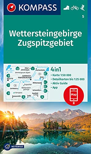 KOMPASS Wanderkarte 5 Wettersteingebirge, Zugspitzgebiet 1:50.000: 4in1 Wanderkarte mit Aktiv Guide und Detailkarten inklusive Karte zur offline ... in der KOMPASS-App. Fahrradfahren. Skitouren. von Kompass